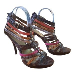 Icora Brown Pink Strappy Open Toe Mixed Media Heels Size 8